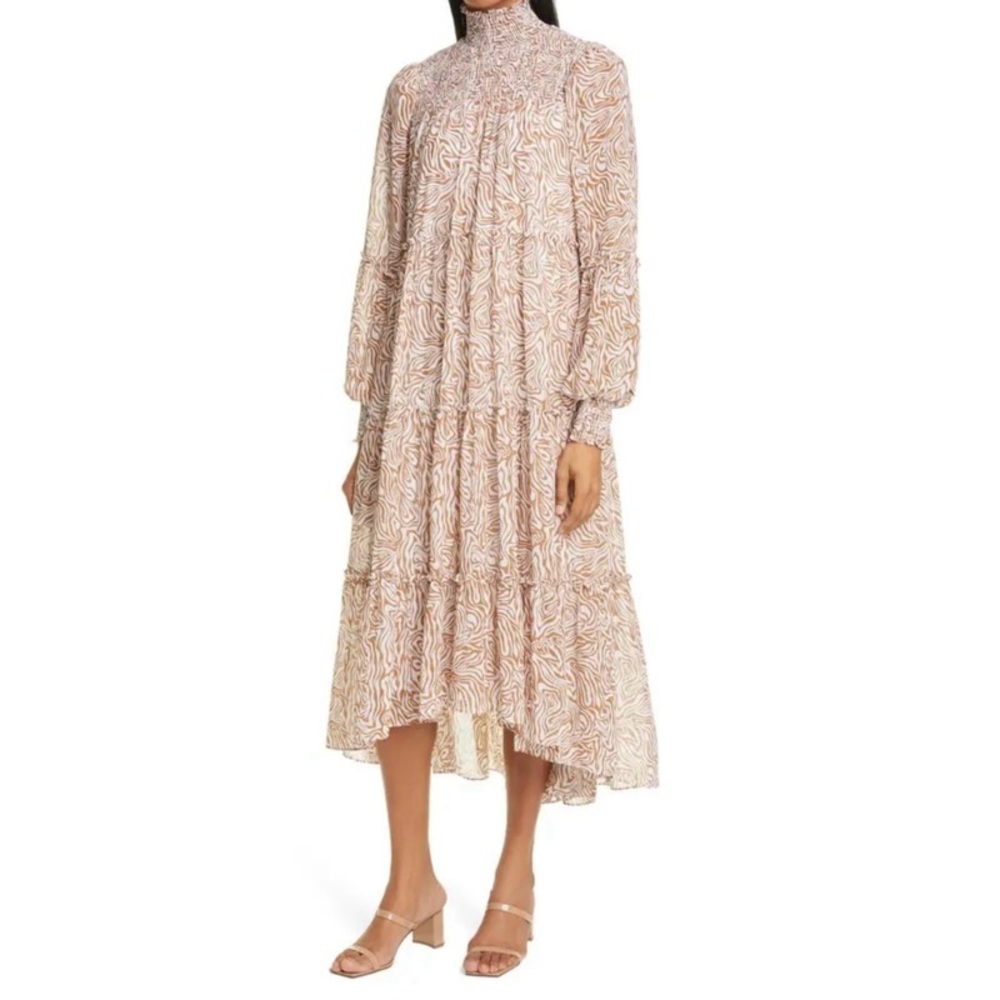 Cinq à Sept Brown Long Sleeve Mockneck Ruffle Rika Tiered Ruffle Midi Dress 6